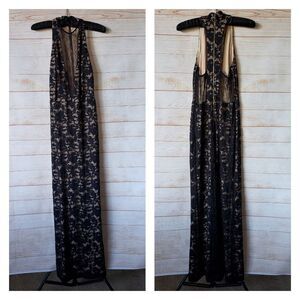 ABS by Allen Schwartz Stretchy Lace High Neck Halter Maxi Dress with Front Mesh